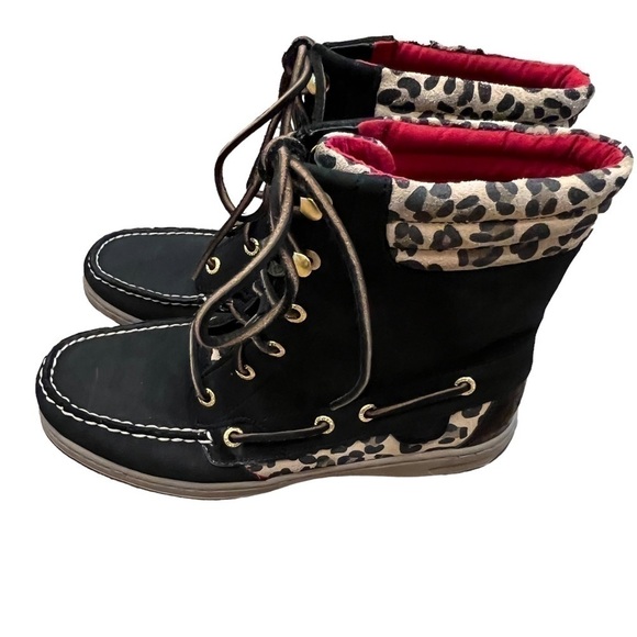 Sperry Top-Sider Duck Boots Womens 7.5 Black Leopard Lined Lace Up - Picture 7 of 16